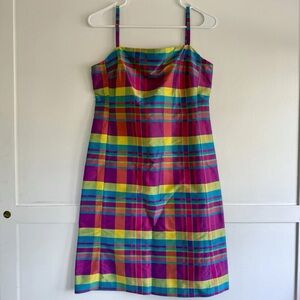 90s Vintage Ralph Lauren Neon Plaid 100% Silk Dress Size 6 Multicolored